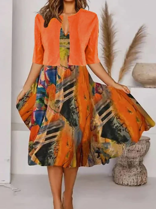 orange midi-dress with half sleeves and v-neck