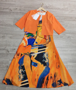 orange midi-dress with half sleeves and v-neck