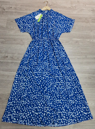 Midi-Kleid mit blauem Druck und rundem Hals