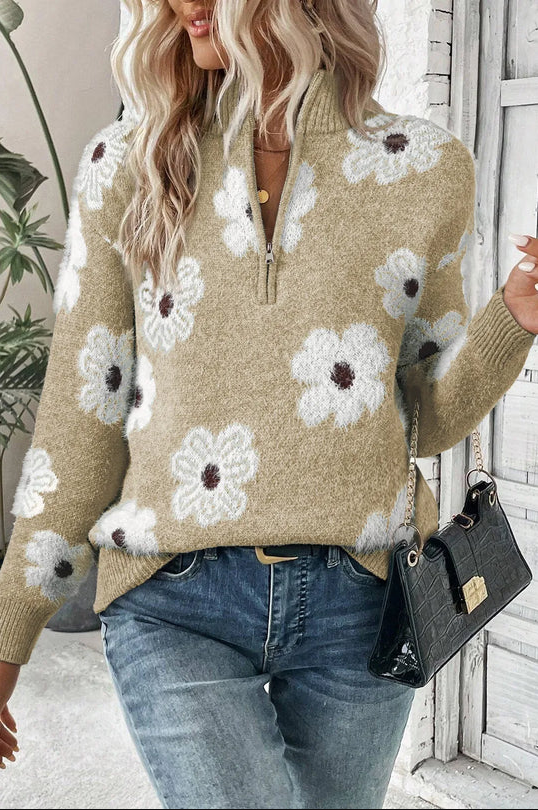 Heidi-Mode| Pullover mit Blumenmuster und halbem Reißverschluss