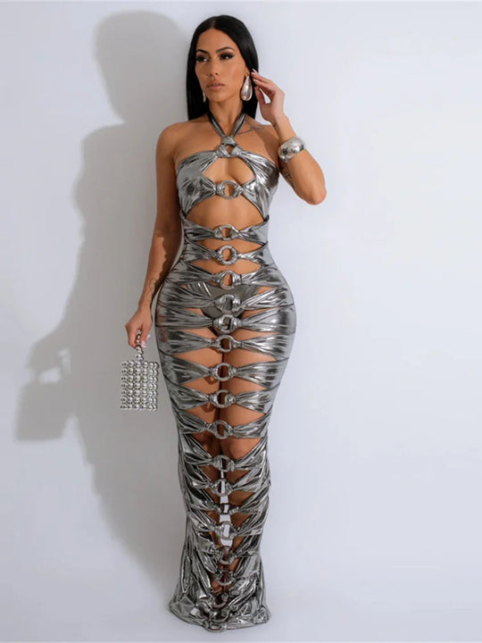 Heidi-Mode | Halter Metall Schnalle Hohles Rückenfreies Langkleid