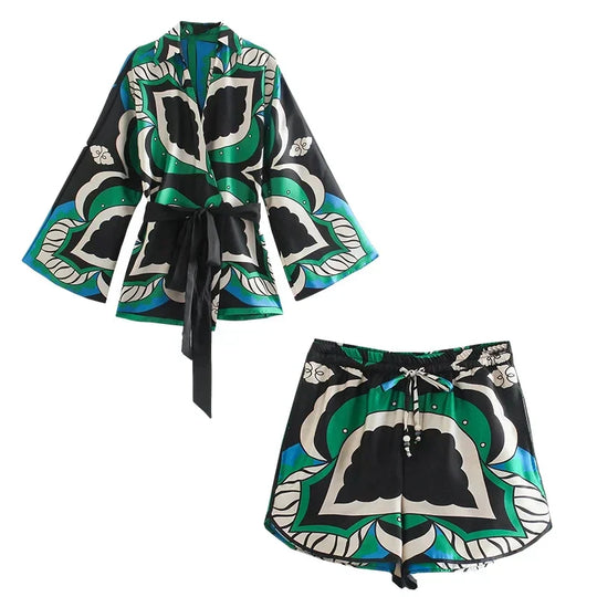 Heidi-Mode | Foridol Übergröße Grün Print Boho Frauen Shorts Set Shirts Shorts Hosen Drei Stücke Mode Set Passende Set Sommer