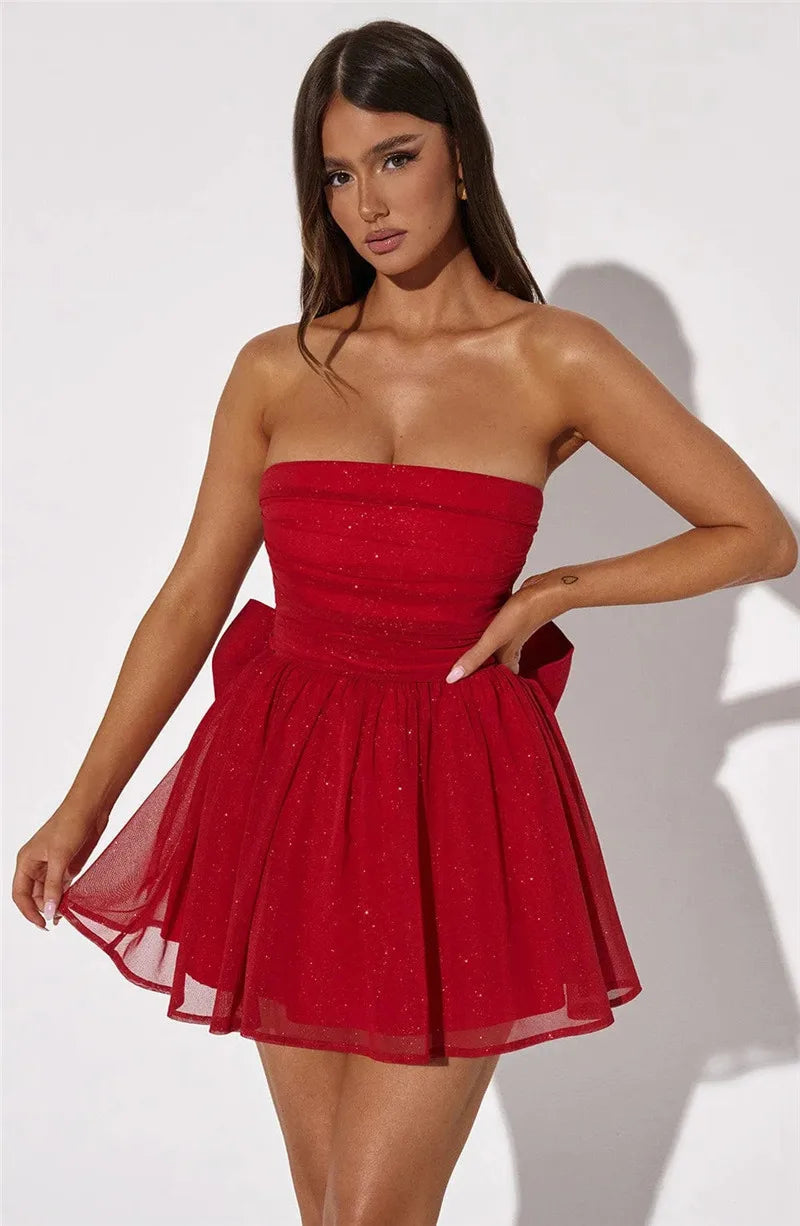 Heidi-Mode | Glitzer Mesh Straplos Rückenfrei Schleife Mini Kleider