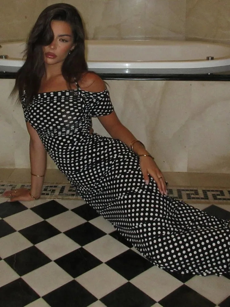Heidi-Mode | Off Shoulder Polka Dot Maxi Kleid für Frauen Gown Fashion Halter Ärmellos Rückenfrei Bodycon Schlitz Lang Kleid Elegant