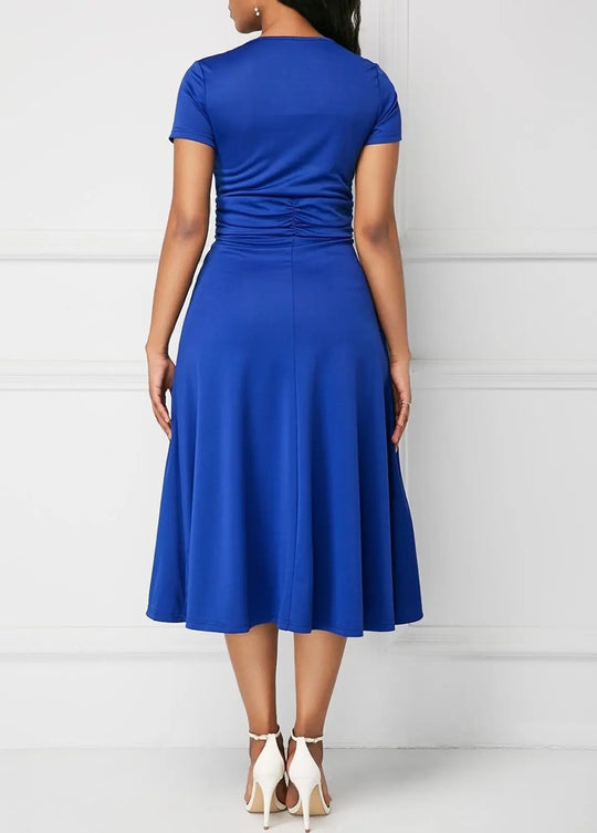 Heidi-Mode | Elegante Frauen Einfarbig Kurzarm V-Ausschnitt Asymmetrischer Saum Tailliert Midi Festkleid Damen Abendkleider