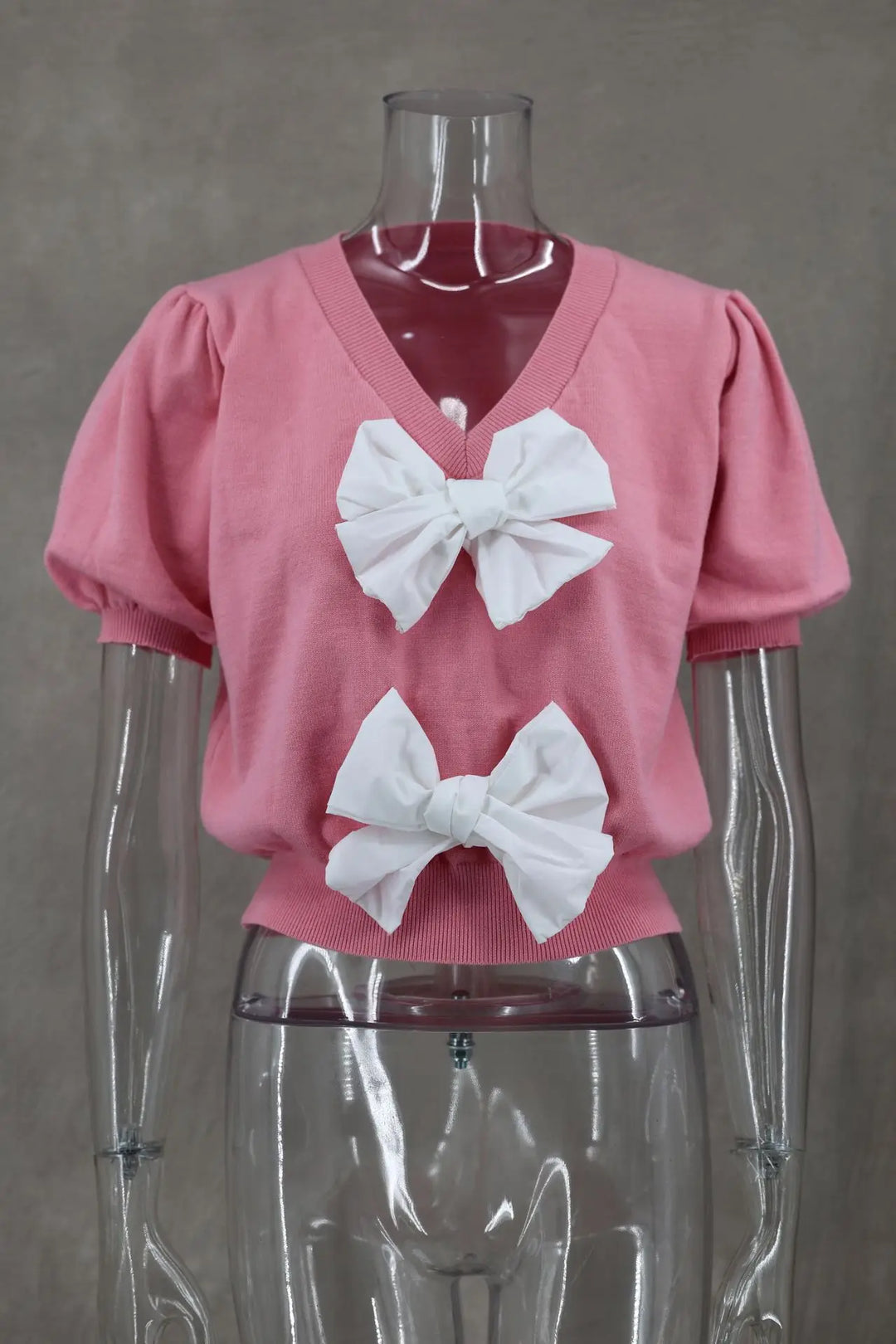 Heidi-Mode | Frühling Sommer Frauen Strickpullover Pullover Schleife Schnürung V-Ausschnitt Kurz Puffärmel Crop Weiblich Süß Rosa Weiß Streetwear