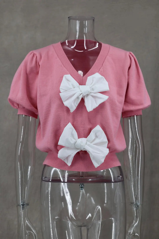 Heidi-Mode | Frühling Sommer Frauen Strickpullover Pullover Schleife Schnürung V-Ausschnitt Kurz Puffärmel Crop Weiblich Süß Rosa Weiß Streetwear