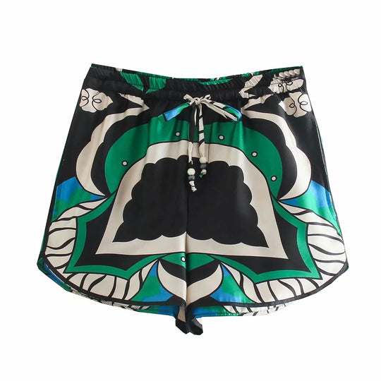 Heidi-Mode | Foridol Übergröße Grün Print Boho Frauen Shorts Set Shirts Shorts Hosen Drei Stücke Mode Set Passende Set Sommer