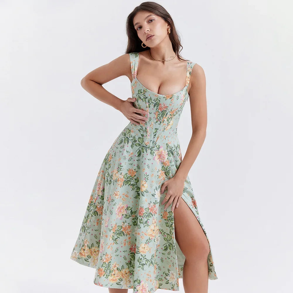 Heidi-Mode | Sommerkleid Frauen Grün Schnürung Blumenmuster Kleid Elegant mit Knochen Lässig Fest Urlaub Kleid Hohe Qualität