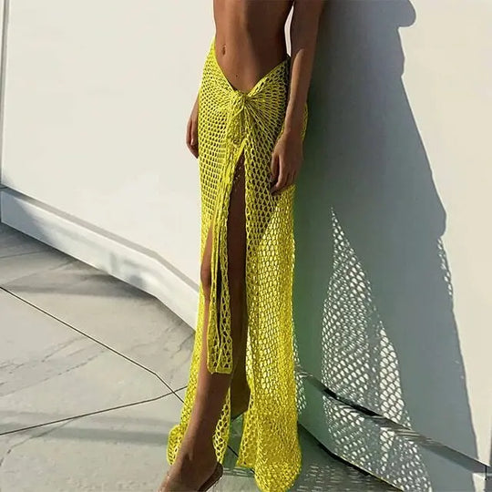 Heidi-Mode | Häkel Strand Abdeckung Sexy Transparente Kleid für Frauen Strick Lange Röcke Mesh Hohle Durch Wickel Weiß Midi Rock