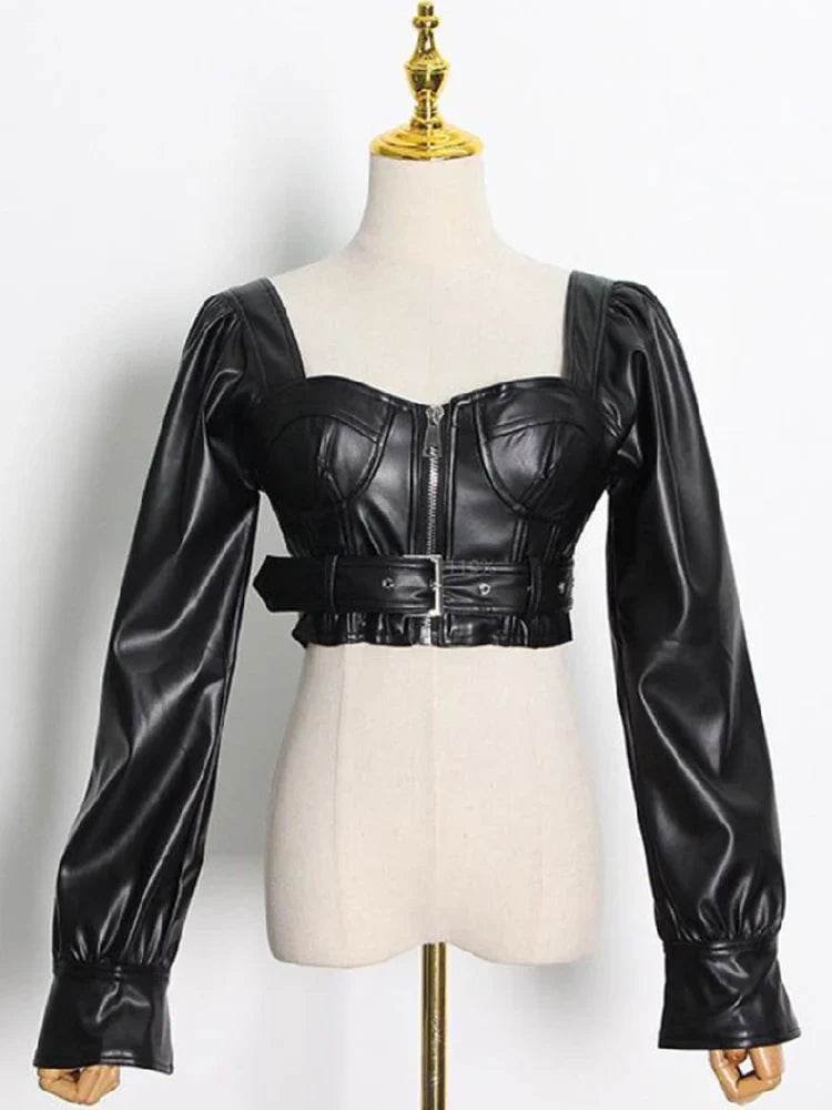 Heidi-Mode | Lautaro Y2K Schwarz Fauxleder Crop Top Frauen Quadrat-Ausschnitt Lange Ärmel Reißverschluss Beschnittene Jacke Sexy Rückenfrei Mode 5Xl 6Xl