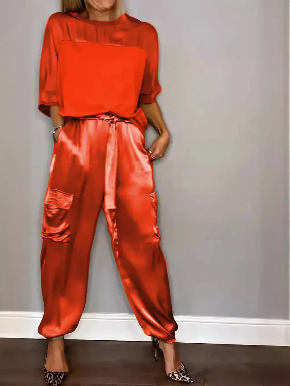 Heidi-Mode | Sommer Satin 2 Teilig Set Frauen Lässig Einfarbig 2 Teilig Outfit Halblange Ärmel Top Lockere Passform Hosen Set Zwei Teilige Set