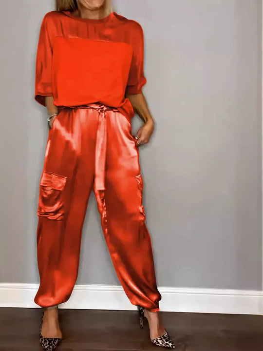 Heidi-Mode | Sommer Satin 2 Teilig Set Frauen Lässig Einfarbig 2 Teilig Outfit Halblange Ärmel Top Lockere Passform Hosen Set Zwei Teilige Set