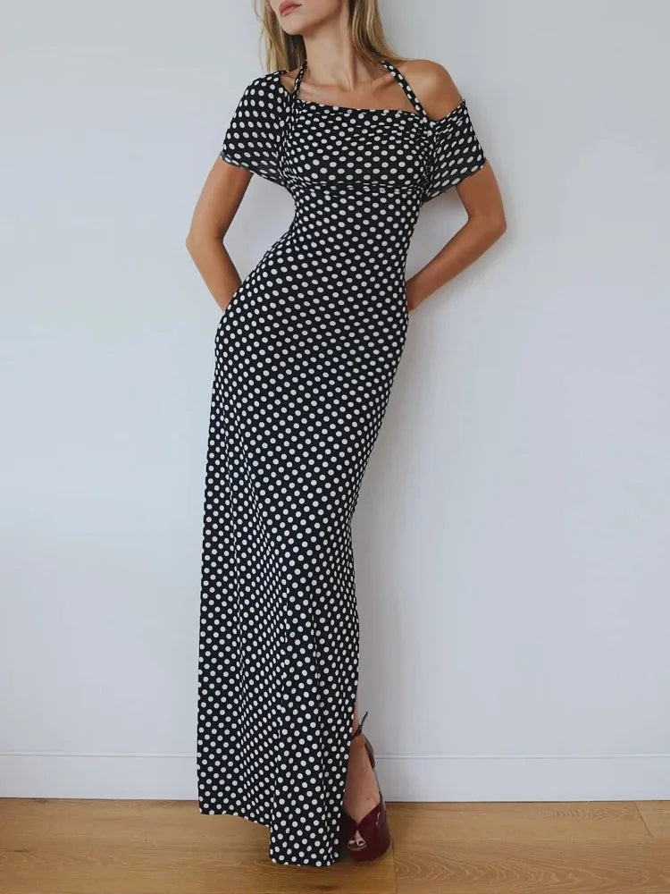 Heidi-Mode | Off Shoulder Polka Dot Maxi Kleid für Frauen Gown Fashion Halter Ärmellos Rückenfrei Bodycon Schlitz Lang Kleid Elegant