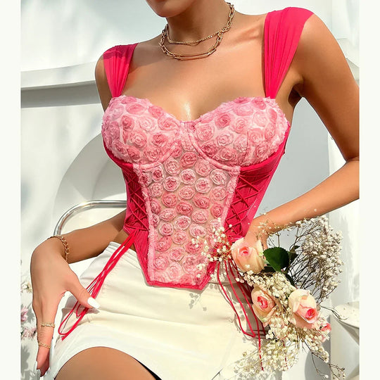 Heidi-Mode | Pink Floral Crop Top Schnür Sexy Korsett Top Sommer Romantisch Rückenfrei Tank Tops Weste Frauen Weste Gecröpft Cami Top Festival Tank