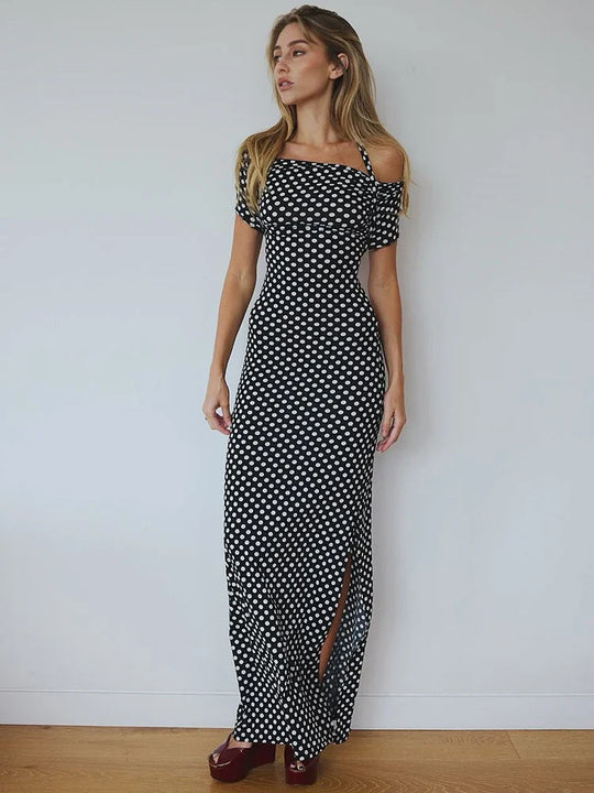 Heidi-Mode | Off Shoulder Polka Dot Maxi Kleid für Frauen Gown Fashion Halter Ärmellos Rückenfrei Bodycon Schlitz Lang Kleid Elegant