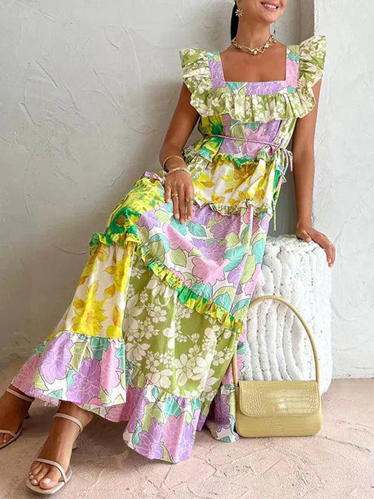 Heidi-Mode | Lgrq Trendy Rüschlinie Design Gedruckte Lange Kleider Sommer Rüschmode Ohne Ärmel Elegantes Luxus Kleid Mädchen