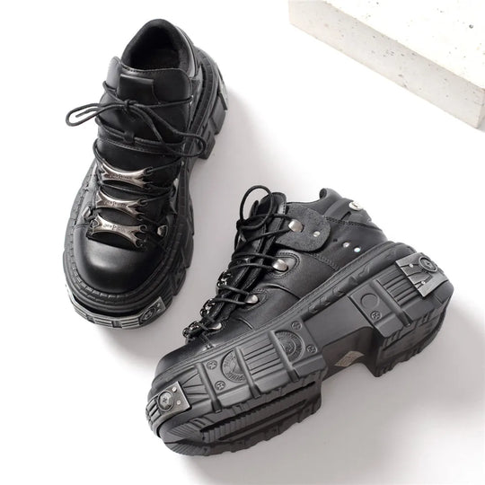 Heidi-Mode | Frauen Ankle Boots für Frauen Dicke Sohle Schnürsenkel Metall Dekoration Runde Zehen Plattform Schuhe Ladeis Punk Gothic Sneakers