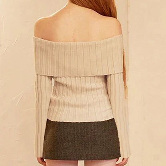 Gerippter Off-Shoulder-Pullover mit Schnürung