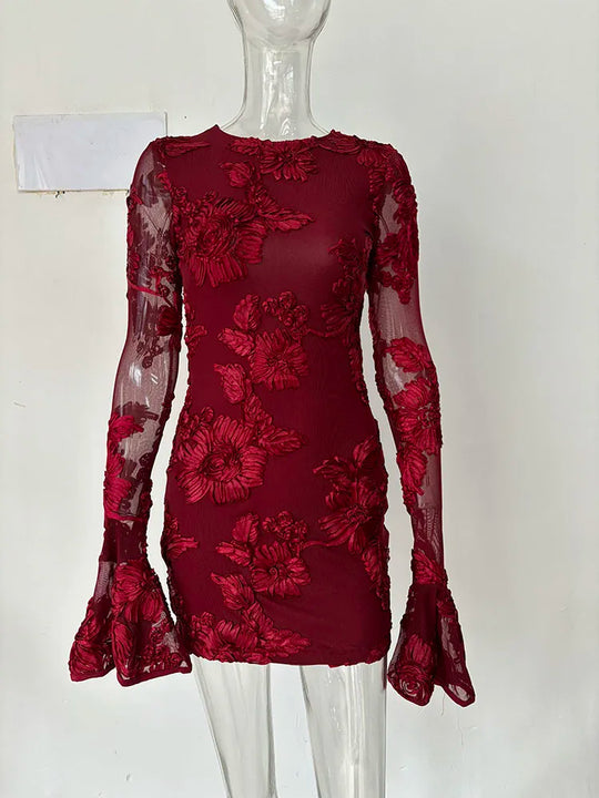 Heidi-Mode | Mode Damen Stickerei Blume Rücken Hohle aus Kleid Frühling Trendy O-Ausschnitt Flare Ärmel Kleider Weiblich