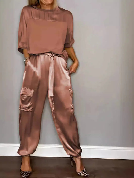 Heidi-Mode | Sommer Satin 2 Teilig Set Frauen Lässig Einfarbig 2 Teilig Outfit Halblange Ärmel Top Lockere Passform Hosen Set Zwei Teilige Set