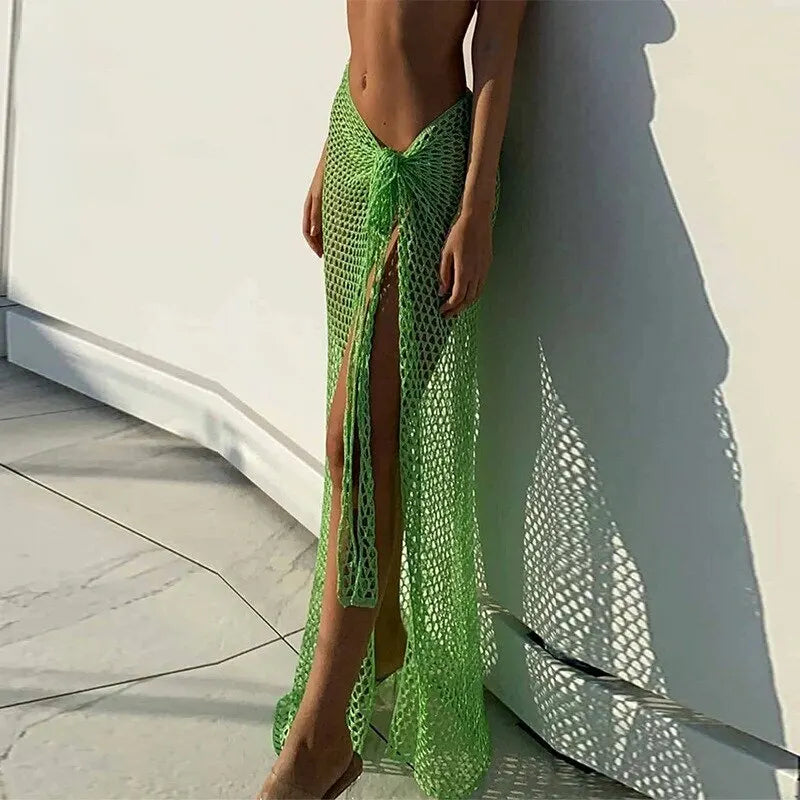 Heidi-Mode | Häkel Strand Abdeckung Sexy Transparente Kleid für Frauen Strick Lange Röcke Mesh Hohle Durch Wickel Weiß Midi Rock