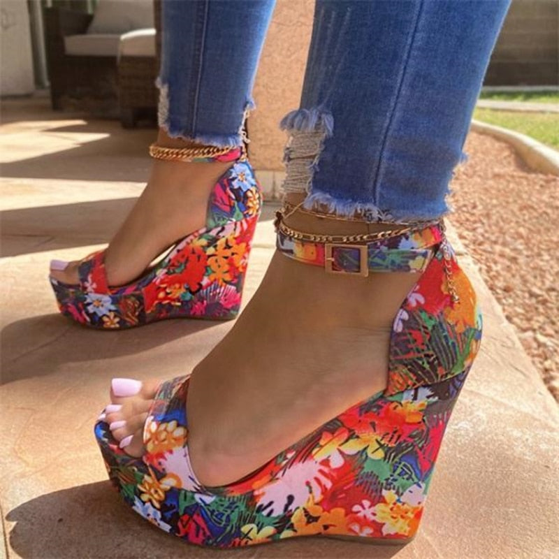 Heidi-Mode | Blumen Offene Zehen Hohe Keil Sandalen