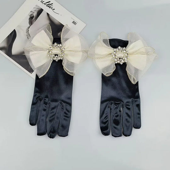 Heidi-Mode | Weinlese Schwarze Kurze Satin Hepburnhandschuhe