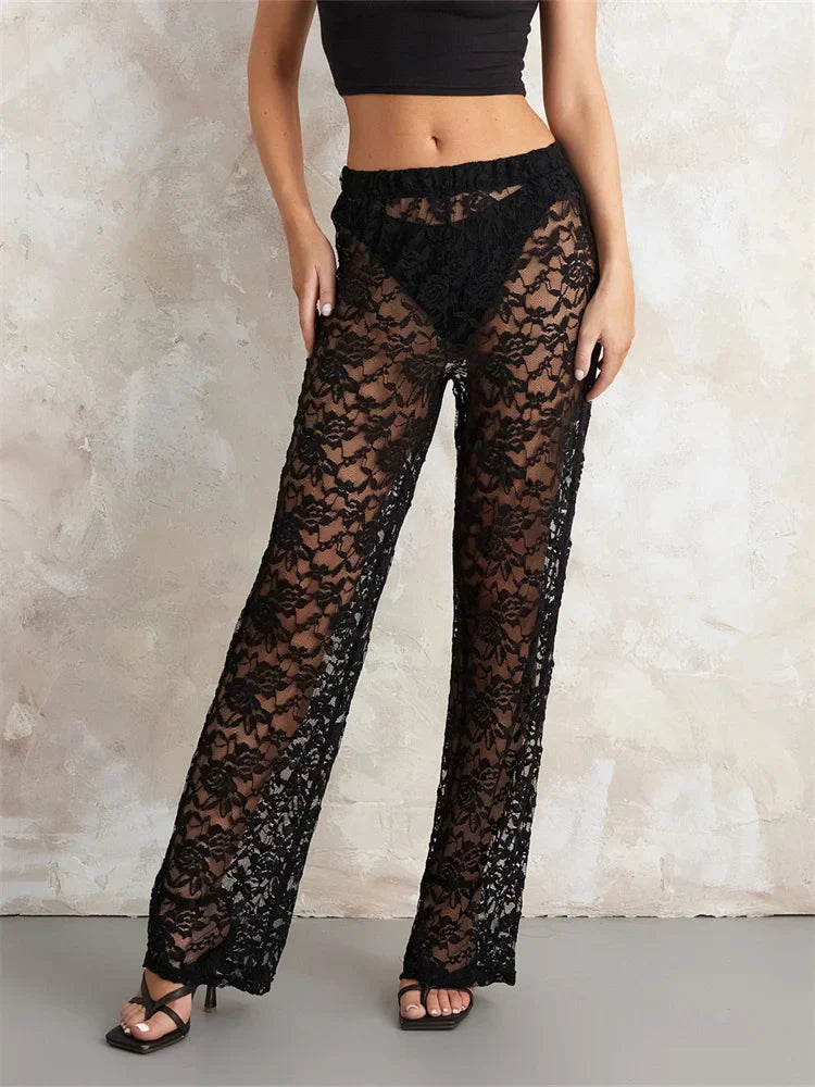 Heidi-Mode | Damen Transparente Spitzenhose Hohe Taille Breite Bein Flare Hose Bell Bottoms Club Strand Sexy Hose Streetwear