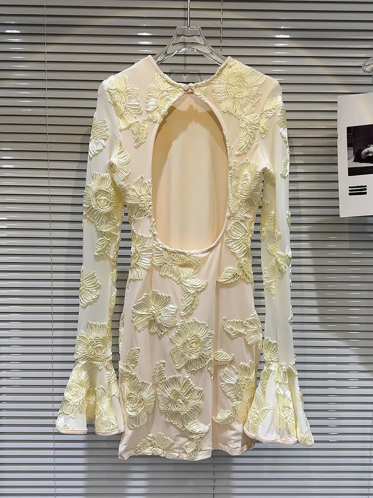 Heidi-Mode | Mode Damen Stickerei Blume Rücken Hohle aus Kleid Frühling Trendy O-Ausschnitt Flare Ärmel Kleider Weiblich
