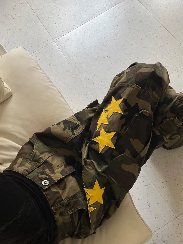 Heidi-Mode | Y2K Kleidung Frau Stern Stickerei Camouflage Baggy Jeans Cargo Hosen für Frauen Kleidung Breite Bein Damen Neu Rock Lange Hosen