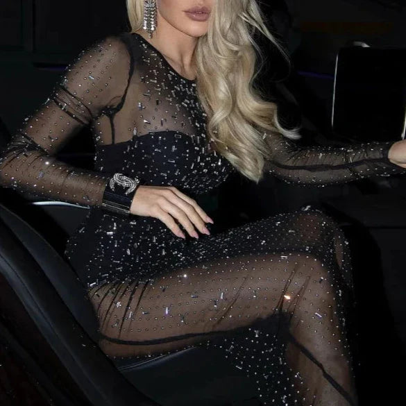 Heidi-Mode | Sheer Mesh Split Sparkle Strass Maxi Kleid mit langen Ärmeln für den besonderen Anlass