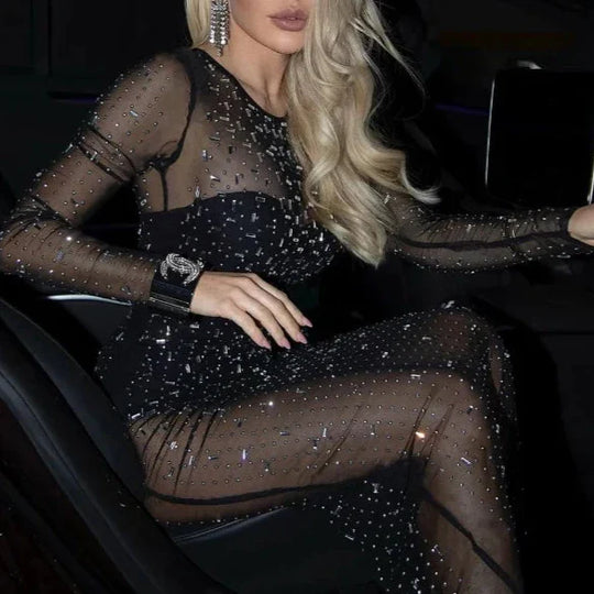 Heidi-Mode | Sheer Mesh Split Sparkle Strass Maxi Kleid mit langen Ärmeln für den besonderen Anlass