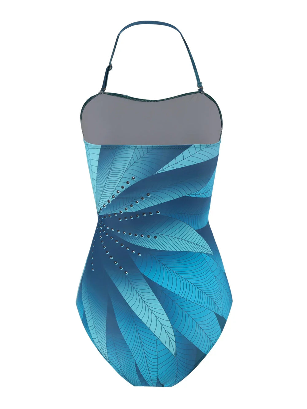 Heidi-Mode | Elegant Blau Blätter Gedruckt Einteiler Badeanzüge Damen Mode Hohe Taille Hängender Hals Bademode Französisch Bedeckter Bauch Bikini
