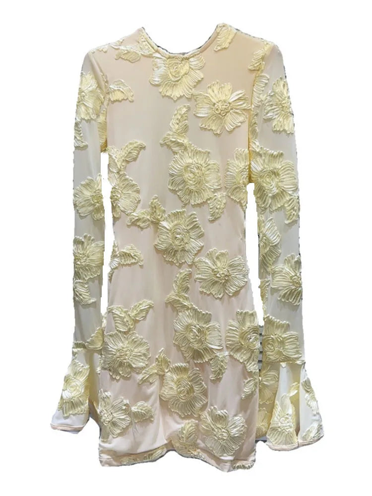 Heidi-Mode | Mode Damen Stickerei Blume Rücken Hohle aus Kleid Frühling Trendy O-Ausschnitt Flare Ärmel Kleider Weiblich