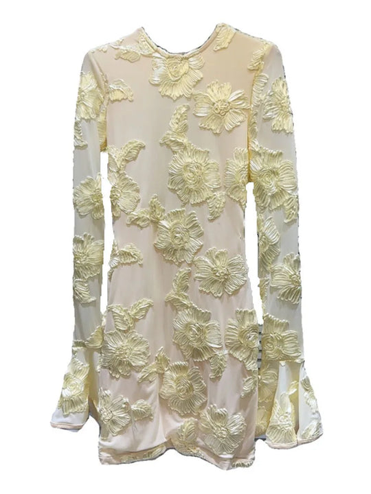 Heidi-Mode | Mode Damen Stickerei Blume Rücken Hohle aus Kleid Frühling Trendy O-Ausschnitt Flare Ärmel Kleider Weiblich