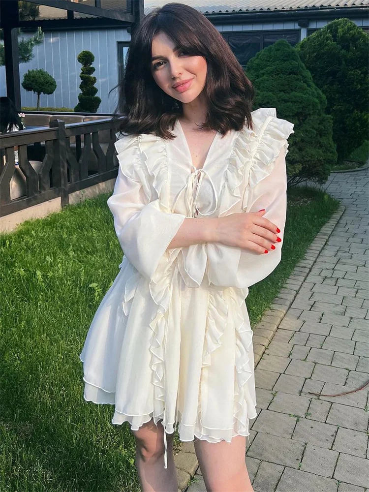 Heidi-Mode | Tossy V-Ausschnitt Schnürung Rüschensommerkleid für Frauen Mesh Bandage Hohe Taille Mode Abendkleid Kleid Weibliches Minikleid