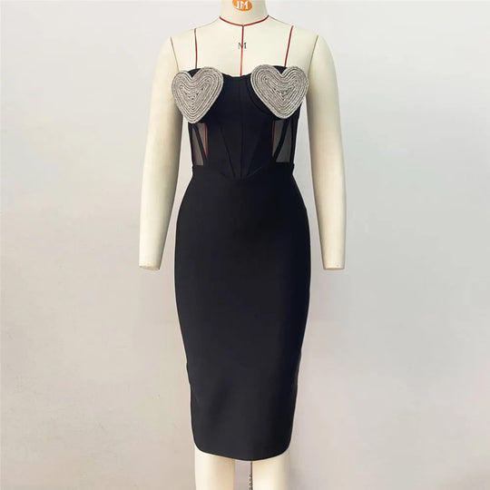 Heidi-Mode | Frauen Sexy Off The Shoulder Herz Diamant Strapless Bodycon Midi Bandage Kleid Nachtclub Fest Feiern Outfit