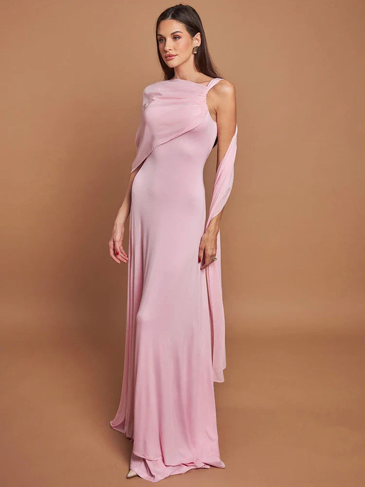 Heidi-Mode | Pink Cape Sleeve Sexy Maxi Kleid für Frauen Off Shoulder Rückenfrei Gown Elegant Schrägkragen Schnürung Lang Kleid Vestido