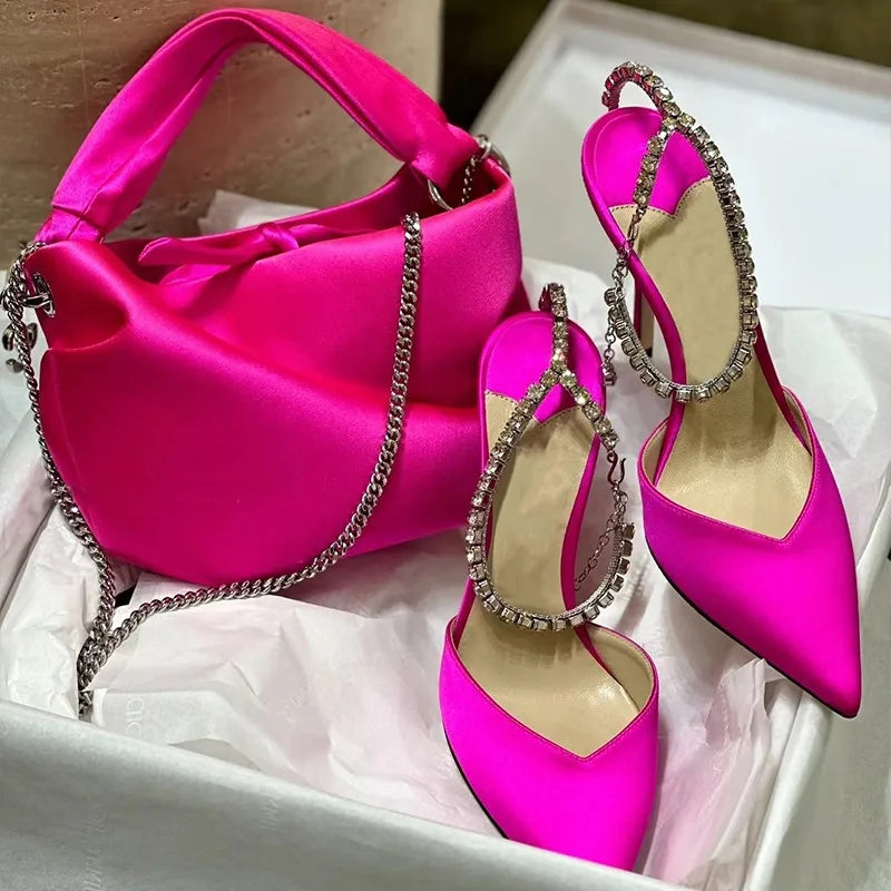 Heidi-Mode | Satin Strass Kette High Heels Schuhe Pumps