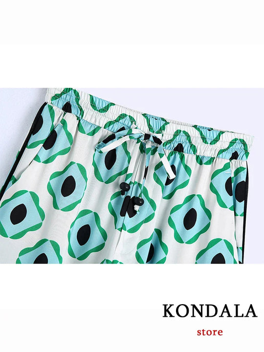 Heidi-Mode | Geometrischer Druck Vintage Frauen Anzüge Herbstmode Übergröße Lange Blusen und Hohe Taille Breite Bein Hosen Frauen Set