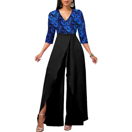 Heidi-Mode | Set Outfit Neu Vergoldet Blumen V-Ausschnitt Locker Passend Jumpsuit aus Einem Modischen Lässigen Stück für Frauen Elegante Frau
