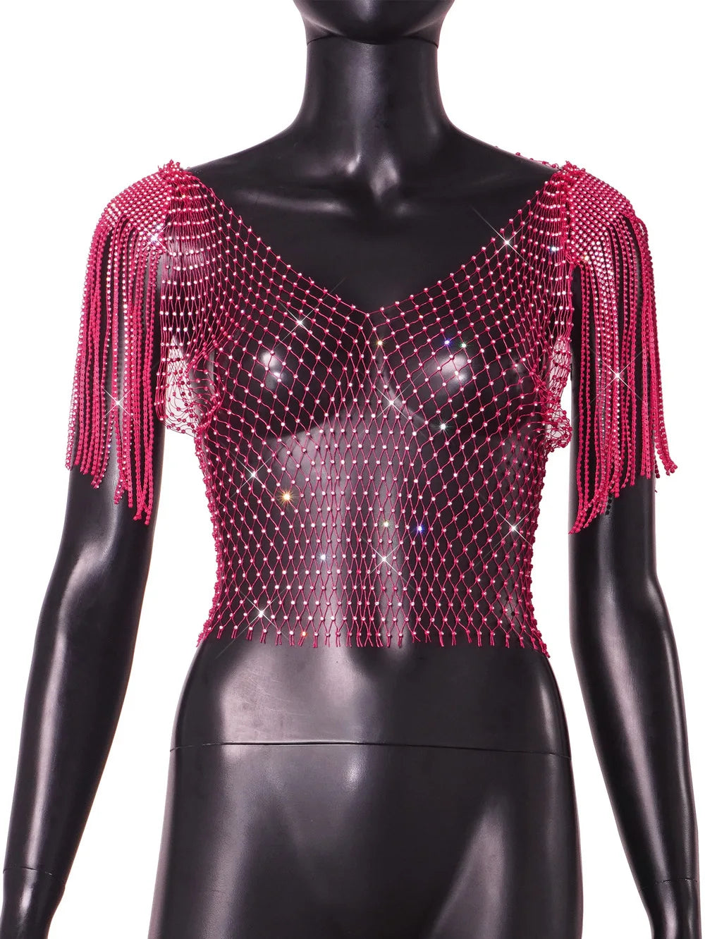 Heidi-Mode | Damen Sexy V-Ausschnitt Strass Kurz Crop Top Bling Kristall Fransen Schulter Dekor Diamant Fischernetz Shirt