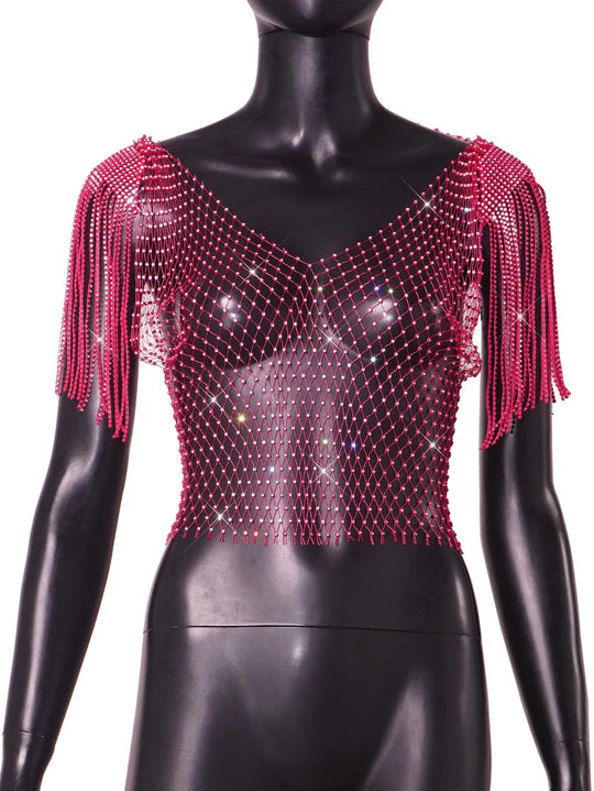 Heidi-Mode | Damen Sexy V-Ausschnitt Strass Kurz Crop Top Bling Kristall Fransen Schulter Dekor Diamant Fischernetz Shirt