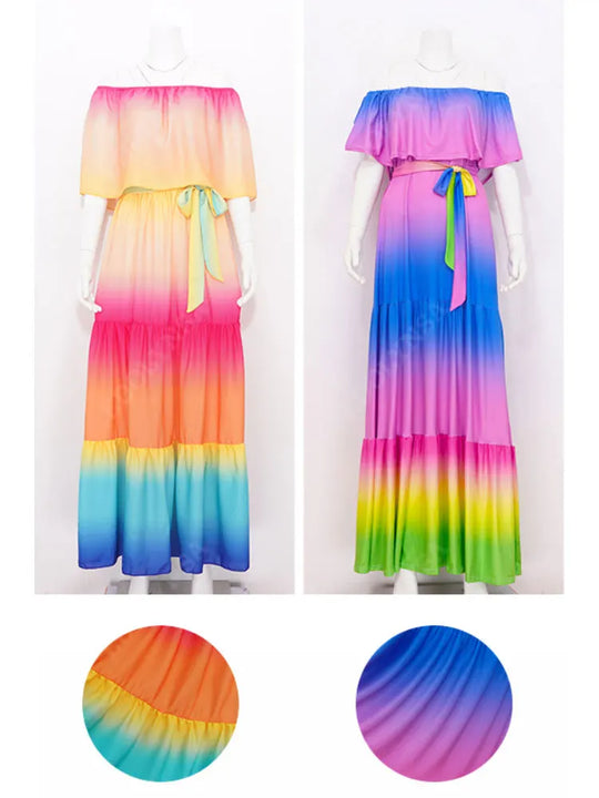 Heidi-Mode | Mehrfarbig Bohemian Rüsch Off Shoulder Selbst Gürtelt Festkleid Baumwolle Tunika Frauen Boho Maxi Kleider Vestidos A324