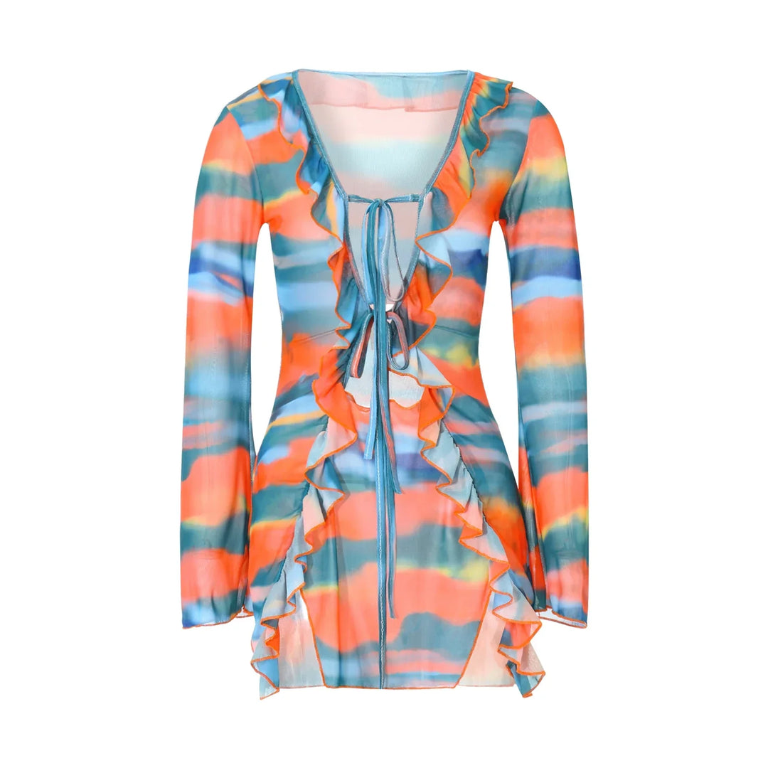 Heidi-Mode | Frauen Mini Kleid Langarm Schnürung Tie Dye Print Patchwork Strapazierfähiges Bodycon Kleid für Club Party