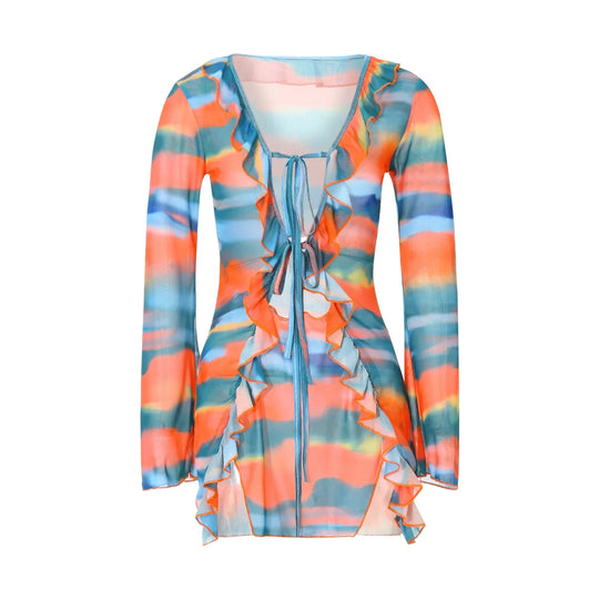 Heidi-Mode | Frauen Mini Kleid Langarm Schnürung Tie Dye Print Patchwork Strapazierfähiges Bodycon Kleid für Club Party