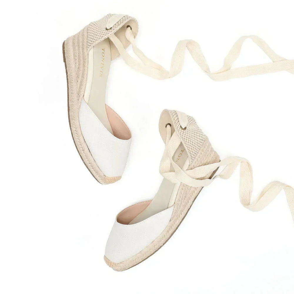 Heidi-Mode | Espadrilles mit Keilabsatz Weiß Bequeme Schnür Sandalen für Sommer