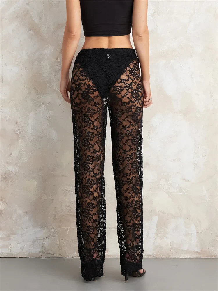 Heidi-Mode | Damen Transparente Spitzenhose Hohe Taille Breite Bein Flare Hose Bell Bottoms Club Strand Sexy Hose Streetwear