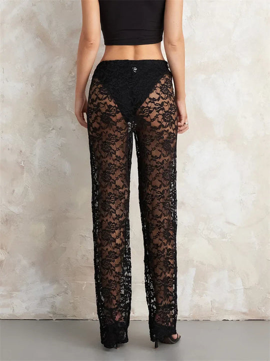 Heidi-Mode | Damen Transparente Spitzenhose Hohe Taille Breite Bein Flare Hose Bell Bottoms Club Strand Sexy Hose Streetwear
